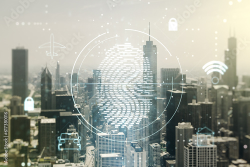 Double exposure of virtual creative fingerprint hologram on Chicago office buildings background, protection of personal information concept