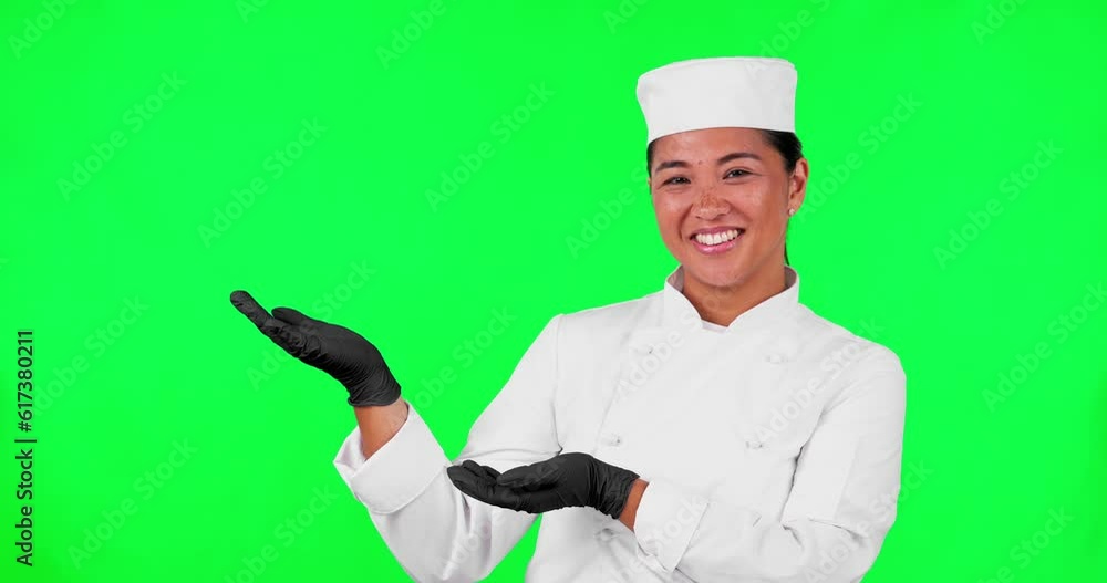 Green screen, woman face and chef hand pointing to checklist, menu and offer on mockup background. Bakery, portrait and asian female baker with recipe list, promo and coming soon, info or launch deal