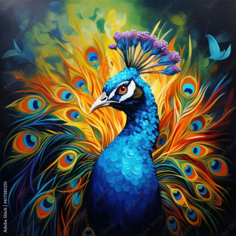 Fototapeta premium Blue peacock background. Illustration AI Generative.