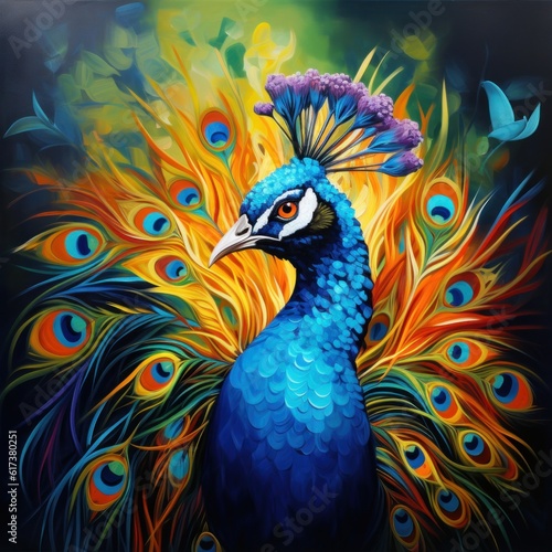 Blue peacock background. Illustration AI Generative. © olegganko