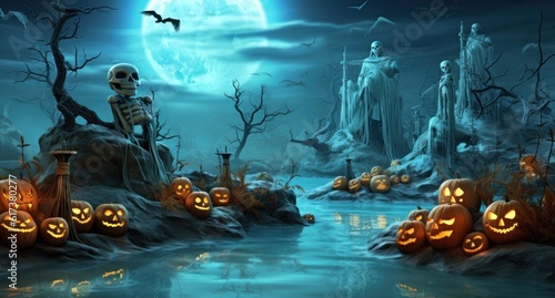Halloween scene with jackolanterns, ghosts, and skeletons Illustration AI Gen...