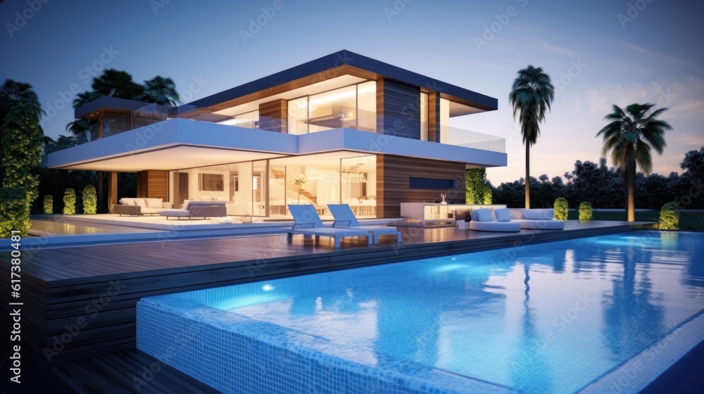 Modern villa with pool. Illustration AI Generative.