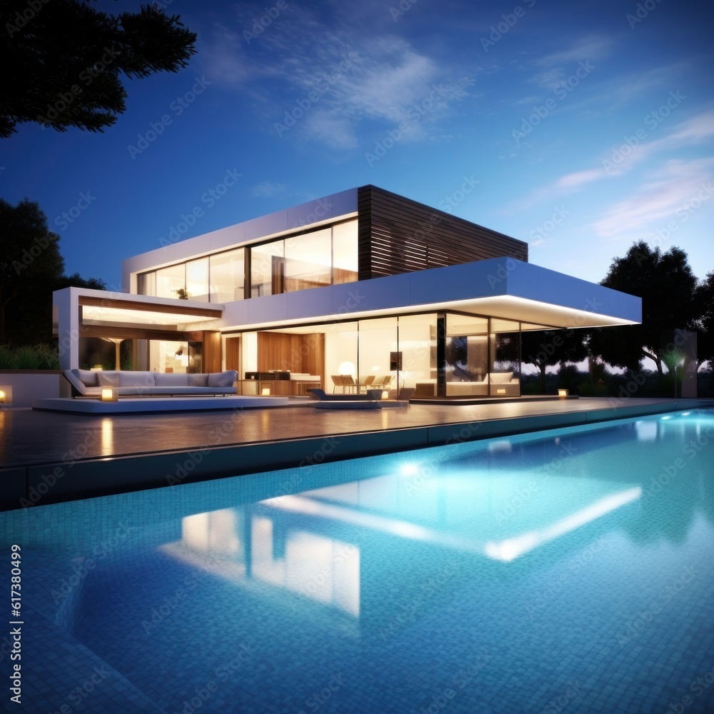 Fototapeta premium Modern villa with pool. Illustration AI Generative.