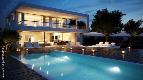 Modern villa with pool. Illustration AI Generative. © olegganko
