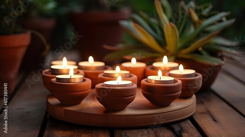 Lit candles in small decorative clay pots and tea light candle burning on round wooden board. celebration  religion  tradition and ceremony concept