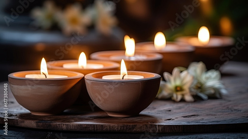 Lit candles in small decorative clay pots and tea light candle burning on round wooden board. celebration  religion  tradition and ceremony concept