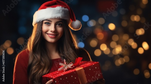Beautiful girl with Christmas gift box. Illustration AI Generative.