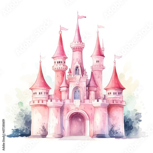 Pink watercolor princess castle isolated. Illustration AI Generative. © olegganko