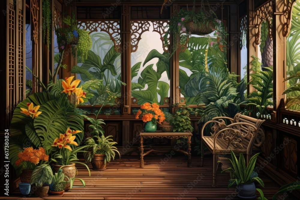 Porch, plants with wall and deck at hous Illustration AI Generative.