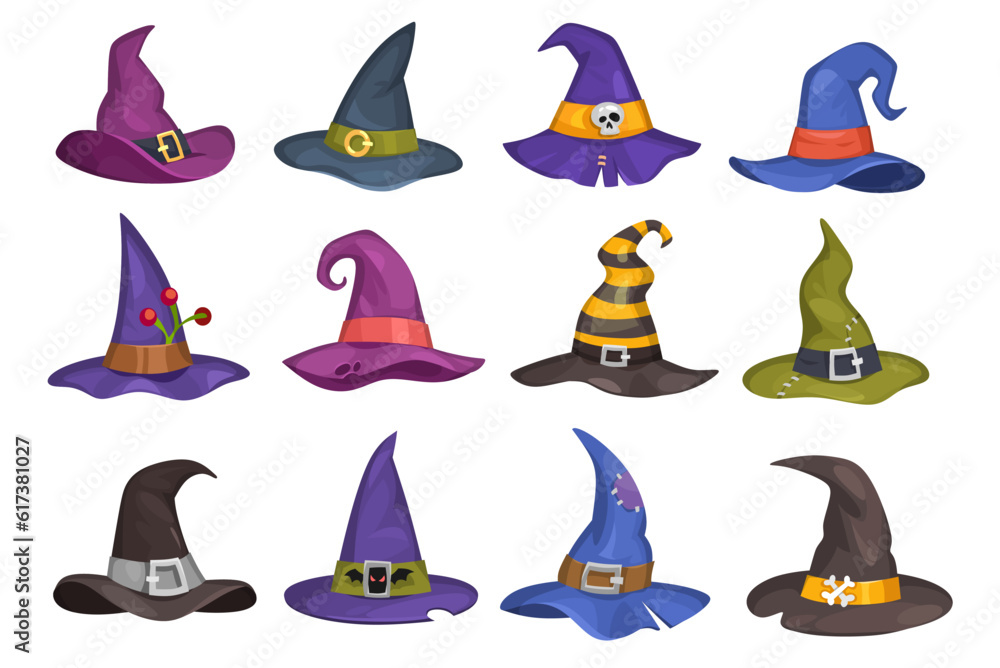 Set of pointed witch hats in different shapes and colors isolated on a white background. Pointed wizard hat collection in cartoon style for Halloween decorations. Magician headwear icons. Set of pointed witch hats in different shapes and colors isolated on a white background. Pointed wizard hat collection in cartoon style for Halloween decorations. Magician headwear icons.