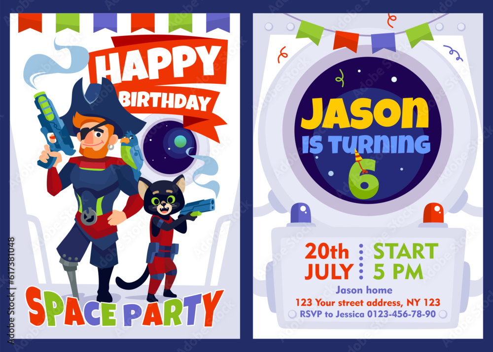 Birthday party invitation template with an outer space theme. Cosmic pirate characters on a spaceship in cartoon style: a captain and a cat with blasters. Cartoon vector illustration for card design.