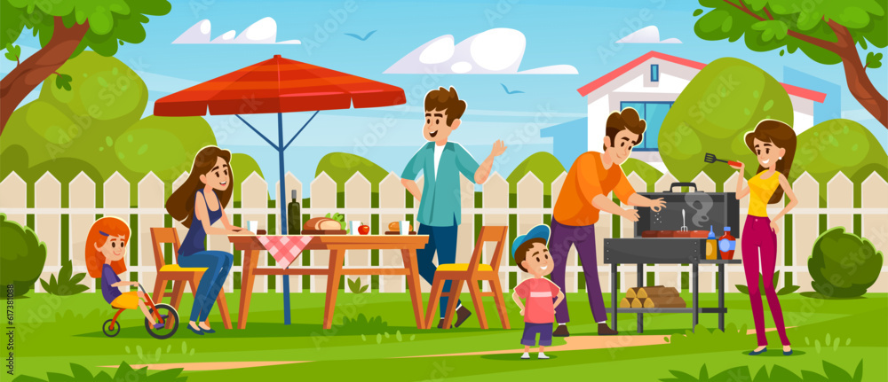 People at a barbecue outside in a backyard. Father and mother cooking meat on a grill. Background of a family with children together with friends at a bbq party in a park. Cartoon vector illustration People at a barbecue outside in a backyard. Father and mother cooking meat on a grill. Background of a family with children together with friends at a bbq party in a park. Cartoon vector illustration