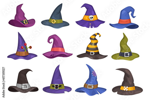 Set of pointed witch hats in different shapes and colors isolated on a white background. Pointed wizard hat collection in cartoon style for Halloween decorations. Magician headwear icons.