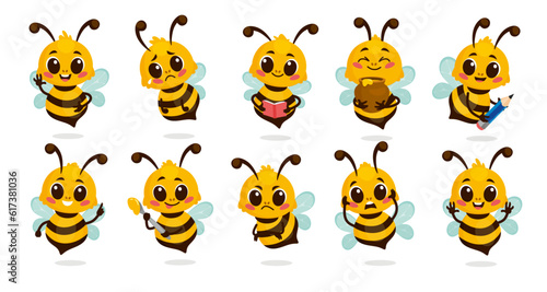 Leinwand Poster Set of cute cartoon bee characters isolated on white background