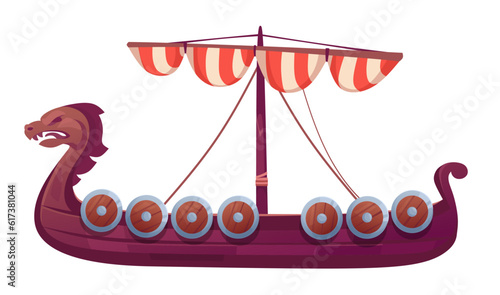 Traditional Viking ship drakkar isolated on white background. Ancient Nordic war and trade boat with sails, shields and dragon-headed prow. Old wooden longboat icon. Cartoon vector illustration.