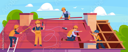 Background of builders replacing shingles on the house. Landscape view of a group of construction workers installing a new roof. Roofing and renovation of a building. Cartoon vector illustration.