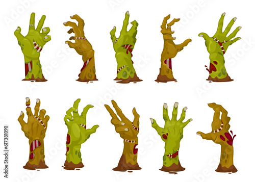 Set of zombie hands sticking out of the ground isolated on white background. Scary hands over a grave on a commentary with blood and bones for Halloween decoration in cartoon style. Vector collection