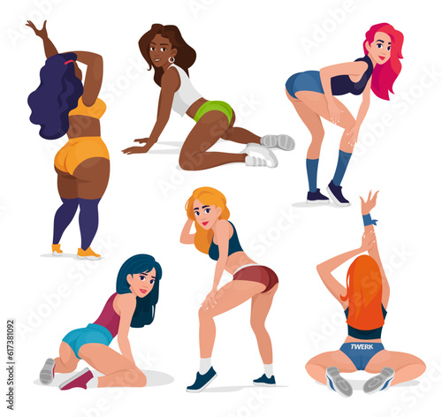Set of beautiful young girls twerking isolated on white background. Collection of cartoon-style women dancing to hip-hop, R&B and rap music in different poses. Twerk dance show vector illustration.