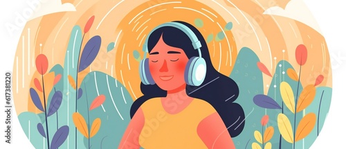 Woman engrossed in listening to a podcast on his smartphone or headphones. Generative ai