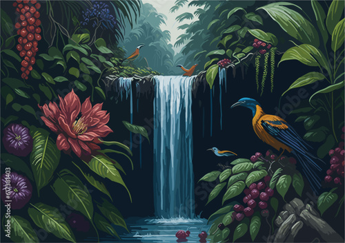 a vector background image inspired by the natural world, showcasing a lush rainforest teeming with diverse flora and fauna, cascading waterfalls, and rays of sunlight piercing through the dense canopy