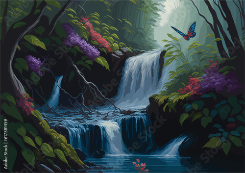 a vector background image inspired by the natural world, showcasing a lush rainforest teeming with diverse flora and fauna, cascading waterfalls, and rays of sunlight piercing through the dense canopy