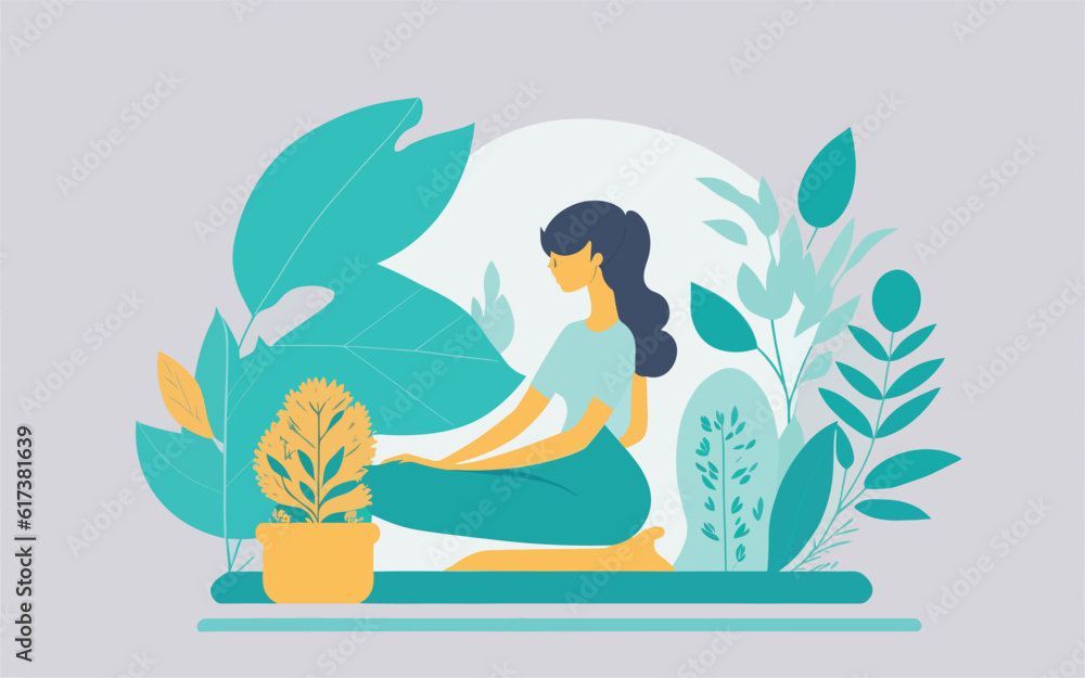 thought provoking vector illustration that explores the concept of mindfulness and inner peace. serene figure in a meditative pose, surrounded by floating lotus flowers, gentle waves, soothing colors