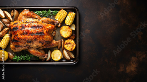 Thanksgiving Homemade Roasted Turkey. Top view flat lay background. Copy space.