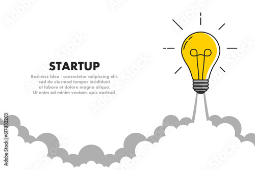 Light bulb rocket launch for business startup concept or successful idea. Glowing light bulb in form of rocket takes off. Development and advance project. Flat style. Vector illustration.