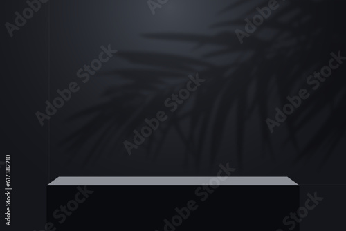 Realistic dark platform with shadow overlay of palm tree branch. Stage with empty pedestal and transparent overlay shadow effect from tropical palm leaves. 3d podium for product display show. Vector.