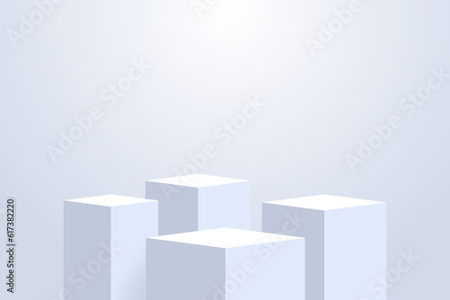 Four realistic light platform, stage with empty pedestals. Сubic shape 3d podium for product display show or place for presentation. Vector.