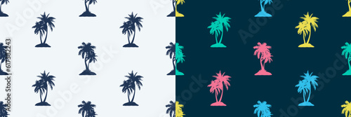 Seamless pattern with palm trees. Set of summer seamless backgrounds with tropical palm trees. Graphic design for textile, t-shirt and apparel print and other. Vector illustration.