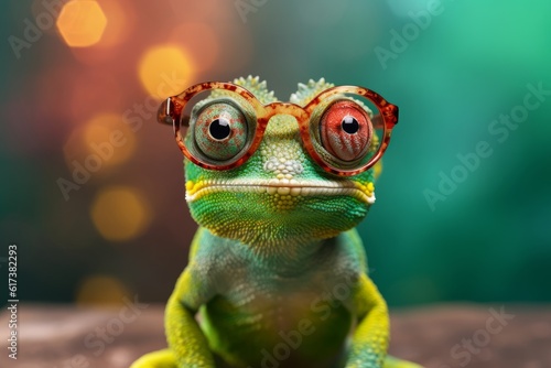 Cute little chameleon with glasses in front of studio bokeh light background