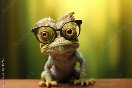 Cute little chameleon with glasses in front of studio bokeh light background