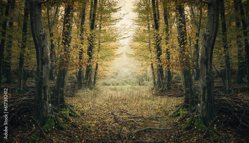 Fototapeta Naklejka Na Ścianę i Meble -  forest path in autumn with yellow leaves on the trees