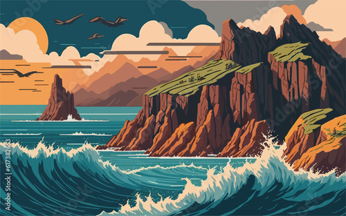 Photo vector illustration a dramatic and rugged coastal cliff scene with crashing waves, towering cliffs, and a stormy sky