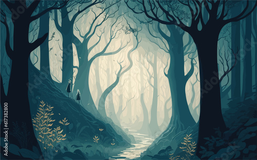 illustration showcasing an enchanting and magical forest. Depict towering trees with twisting branches, glowing mushrooms, and mystical creatures. fairy dust, winding path leading into the depths of