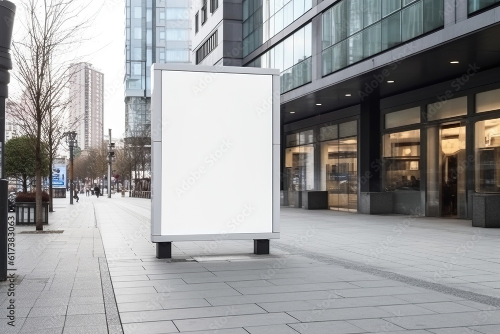 Generative AI illustration of blank billboard on sidewalk of city mockup for your advertising