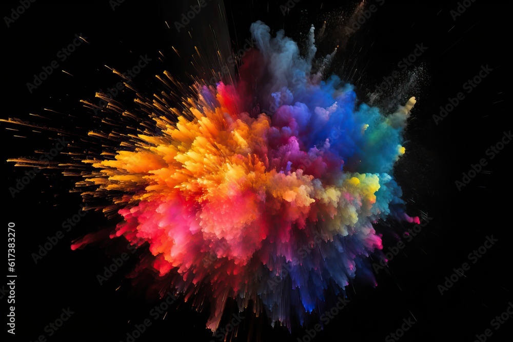Generative AI illustration of explosions of colors on black background, many colors, dynamic, modern, visual effect Generative AI illustration of explosions of colors on black background, many colors, dynamic, modern, visual effect