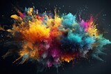 Generative AI illustration of explosions of colors on black background, many colors, dynamic, modern, visual effect