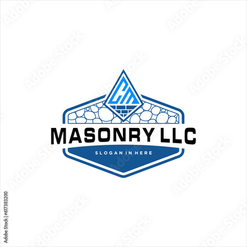 red brick laying masonry company. shovel with bricks vector. abstract cm font for architect