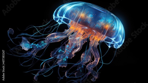 Glowing jellyfish swim deep in blue sea © Svwtlana