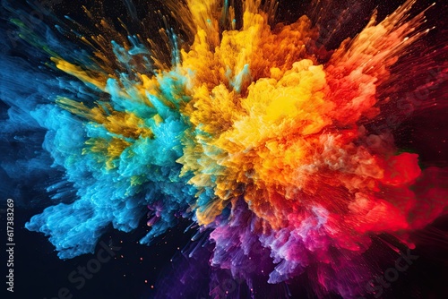 Generative AI illustration of explosions of colors on black background, many colors, dynamic, modern, visual effect
