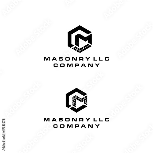 red brick laying masonry company. shovel with bricks vector. abstract cm font for architect