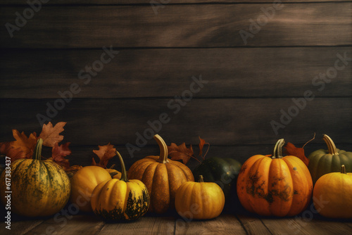 orange pumpkin season leaf background fall wooden autumn halloween seasonal wood. Generative AI.