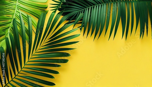 Generative AI illustration of flat lay of green palm branches over yellow pastel background  wide composition. Summer vacation  travel or fashion concept