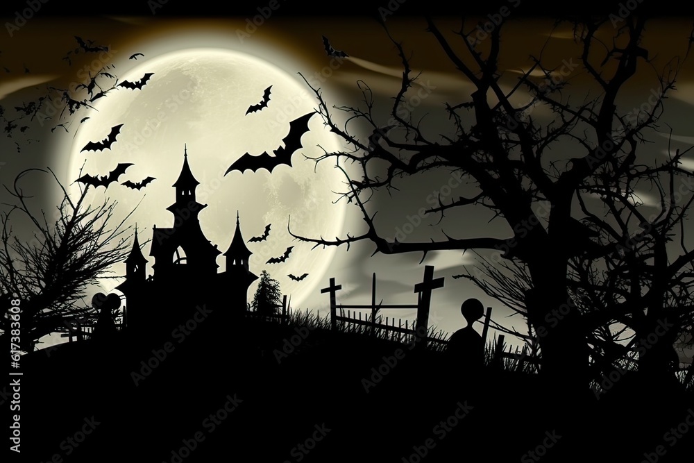 Generative AI illustration of graveyard halloween scary, moon, dark, bats