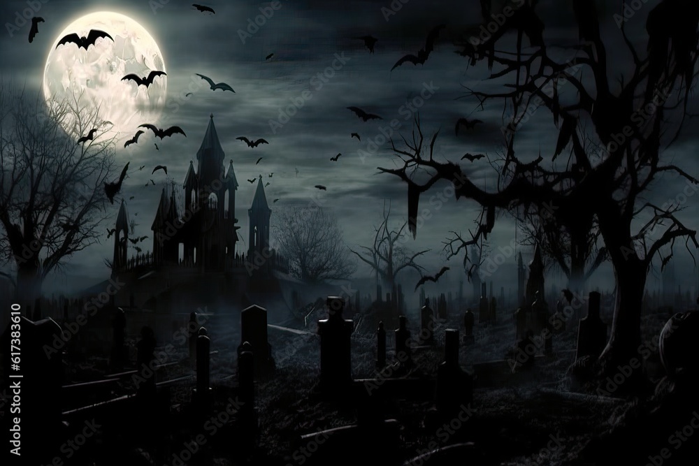 Generative AI illustration of graveyard halloween scary, moon, dark, bats