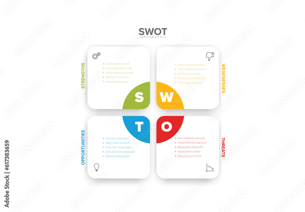 White squares SWOT diagram schema template with color accent