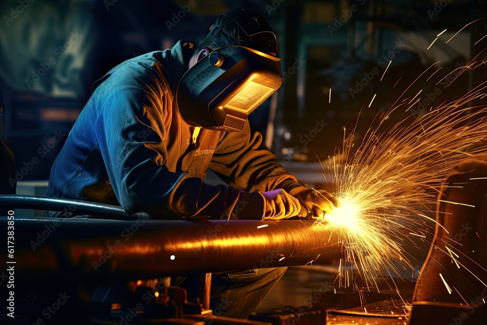 Generative AI illustration of industrial visualization, heavy industry welder working, welding inside pipe. Construction of natural gas and fuels transport pipeline Generative AI illustration of industrial visualization, heavy industry welder working, welding inside pipe. Construction of natural gas and fuels transport pipeline