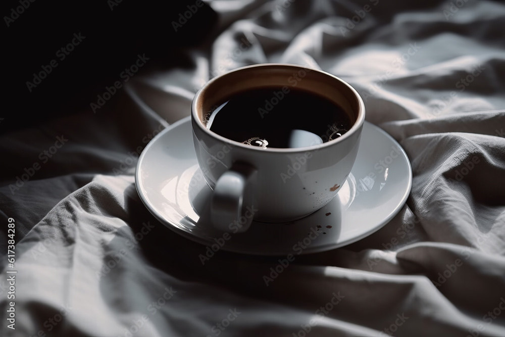 A Cup Of Black Coffee On White Bedsheets, Generative AI
